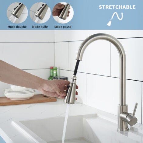 Robinet de Cuisine avec Douchette Extractible Mitigeur Cuisine Brossé en Acier Inox Robinet d'évier pour Cuisine Rotatif à 360° avec 3 Modes
