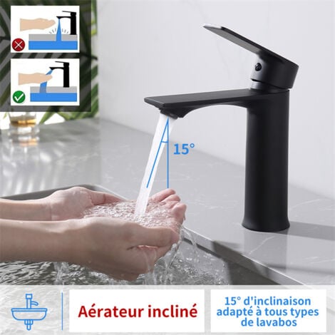 Robinet de Lavabo Noir Mitigeur Salle de Bain Monotrou Mélangeur l'eau Chaude et Froide pour Salle de Bain en Acier Inox