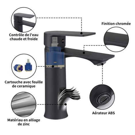 Robinet de Lavabo Noir Mitigeur Salle de Bain Monotrou Mélangeur l'eau Chaude et Froide pour Salle de Bain en Acier Inox