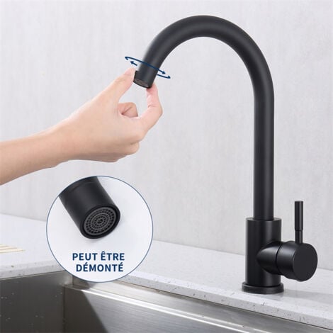 Mitigeur de Cuisine Noir Robinet de Cuisine Bec Rotatif  360° Robinet Mitigeur d'Evier en Acier Inox Durable