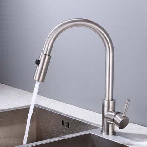 Robinet de Cuisine avec Douchette Extractible Mitigeur Cuisine Bec Rotatif Mitigeur d'Évier en Acier Nickel Brossé