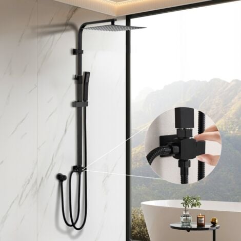 Colonne de Douche sans Mitigeur Noir Système de Douche avec Douchette Set Kit de Douche  en Acier Inox Réglable en Hauteur Colonne de Douche avec Grand Jet Suspendu de 12 Pouces