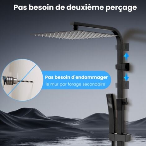 Colonne de Douche sans Mitigeur Noir Système de Douche avec Douchette Set Kit de Douche  en Acier Inox Réglable en Hauteur Colonne de Douche avec Grand Jet Suspendu de 12 Pouces