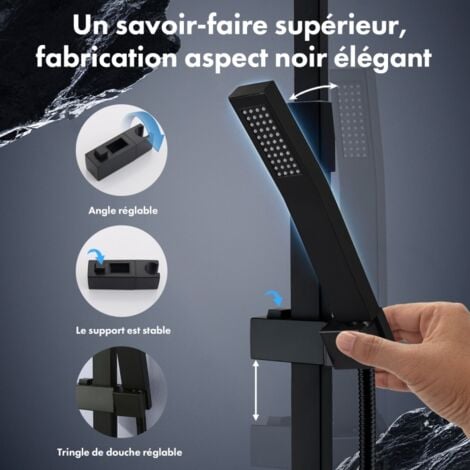 Colonne de Douche sans Mitigeur Noir Système de Douche avec Douchette Set Kit de Douche  en Acier Inox Réglable en Hauteur Colonne de Douche avec Grand Jet Suspendu de 12 Pouces