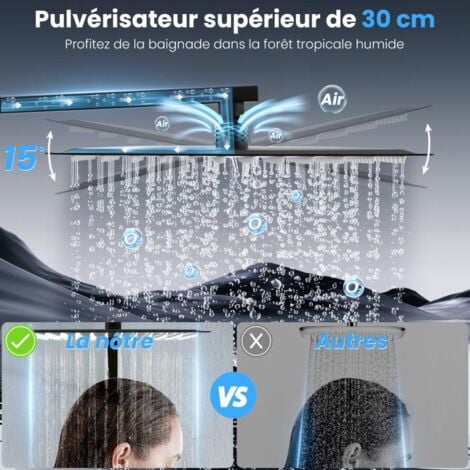 Colonne de Douche sans Mitigeur Noir Système de Douche avec Douchette Set Kit de Douche  en Acier Inox Réglable en Hauteur Colonne de Douche avec Grand Jet Suspendu de 12 Pouces