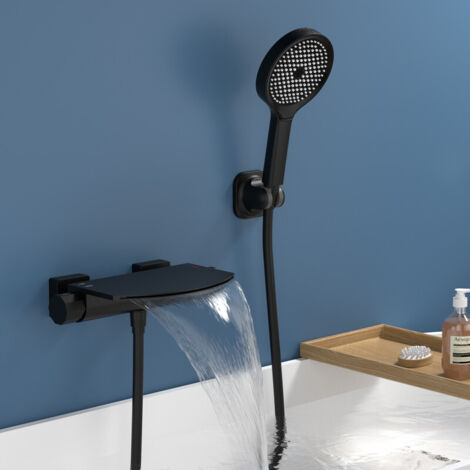 Mitigeur Baignoire Mural Cascade-Robinet de Baignoire avec Étagère,Tuyau PVC 1.5 m et Support Mural,Robinet en Laiton pour Salle de bain, Noir