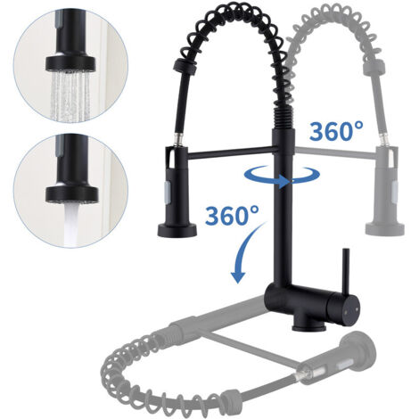 Mitigeur de Cuisine Rabattable Robinet Cuisine Pliable avec 2 Jets aux Choix Mitigeur d'évier à Ressort en Acier Noir Bec 360° Rotatif