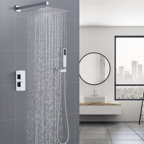 Colonne de Douche Thermostatique à Encastrer Kit de Douche Encastré avec Pommeau Grande Pluie Ensemble de Douche Encastrable Chrome Corps en Laiton Grey