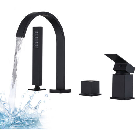 Robinet de Baignoire Noir Mat 4 Trous en Laiton Massif – Bec Cascade Pivotant 360° avec Douchette, Design Moderne et Durable