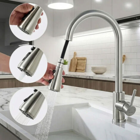 Robinet de Cuisine avec Douchette Extractible Mitigeur Cuisine Brossé en Acier Inox Robinet d'évier pour Cuisine Rotatif à 360° avec 3 Modes