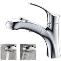 Robinet Salle de Bain avec Douchette Extractible Mitigeur de Lavabo avec 2 Jets Bouton Stop Mitigeur Salle de Bain en Laiton Chrome