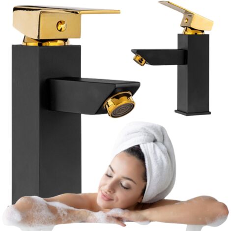Mitigeur lavabo Cubo Silla, robinet salle de bain en laiton, économie d’eau, design moderne, Noir/Or (1/5)