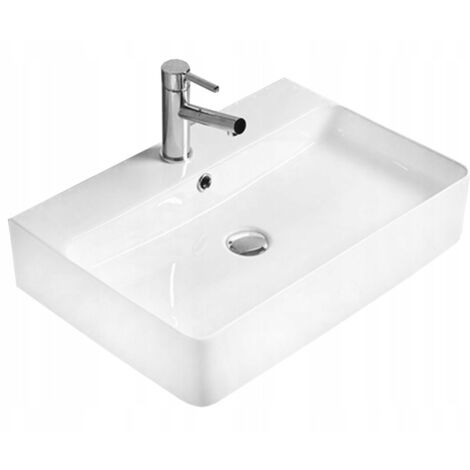 Vasque à poser rectangulaire Silla, lavabo salle de bain en céramique 60,5x41,5x13 cm, design moderne, installation facile, Blanc (1/3)