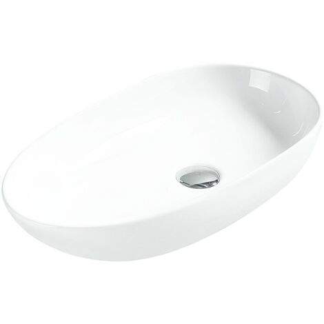 Vasque à poser ovale Silla, lavabo salle de bain en céramique 55,5x30,5x11 cm, design moderne, installation facile, Blanc