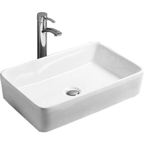 Vasque à poser rectangulaire Silla, lavabo salle de bain en céramique 58,5x37x12,5 cm, design moderne, installation facile, Blanc (1/3)