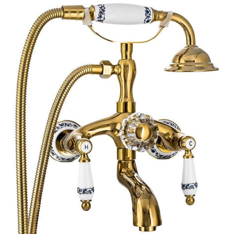Desconocido – Robinet de baignoire mural rétro or – Finition laiton – Installation murale – Cartouche céramique Ø35mm – Douchette ronde avec flexible PVC 1.5m - S-1126G (1/4)
