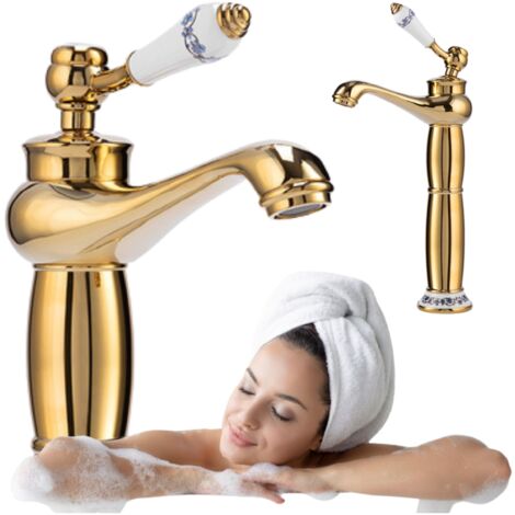 ROBINET DE LAVABO À POSER HAUT RÉTRO, AÉRATEUR DORÉ, 1108G (1/5)
