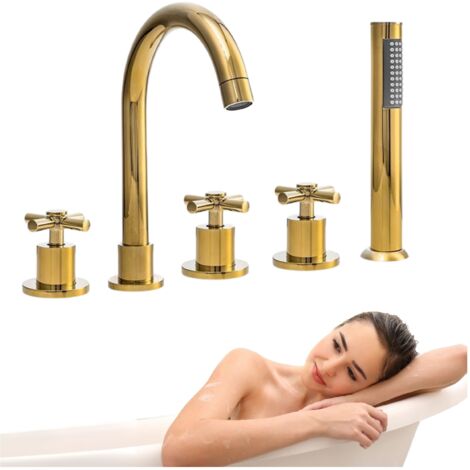 Robinet de baignoire sur plage 5 trous Silla, mitigeur bain en laiton, installation facile, design moderne, Doré