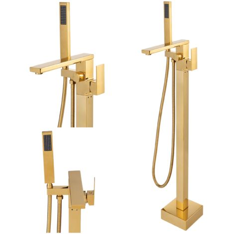 Robinet de baignoire sur pied Silla, mitigeur bain avec inverseur et bec rotatif, design élégant, Doré (1/5)