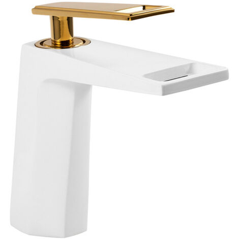 Mitigeur lavabo moderne Silla, robinet salle de bain en laiton, bec cascade, design élégant, Blanc/Doré (1/5)