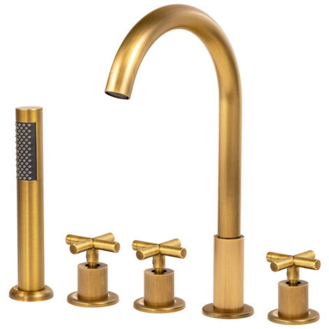 Robinet de baignoire sur plage 5 trous Silla, mitigeur bain en laiton, installation facile, design vintage, Doré ancien