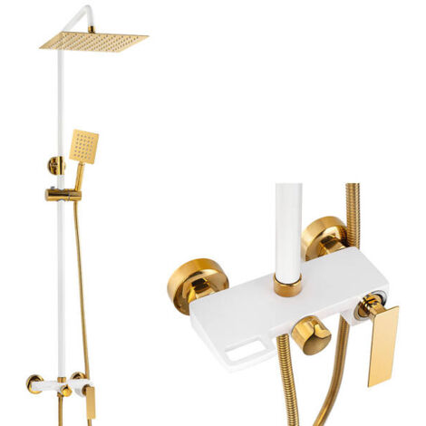 Colonne de douche Silla, système de douche avec mitigeur réglable en hauteur, design moderne, Blanc/Doré (1/5)