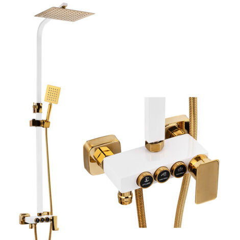 Colonne de douche Silla, système de douche avec mitigeur réglable en hauteur, design moderne, Blanc/Doré