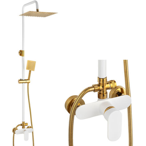 Colonne de douche Silla, système de douche avec mitigeur extérieur, design moderne, Blanc/Doré