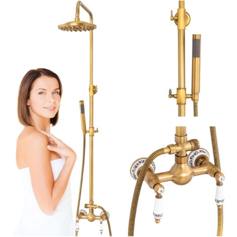 Colonne de douche rétro Paloma Silla, système de douche avec mitigeur extérieur, design vintage, Laiton vieilli
