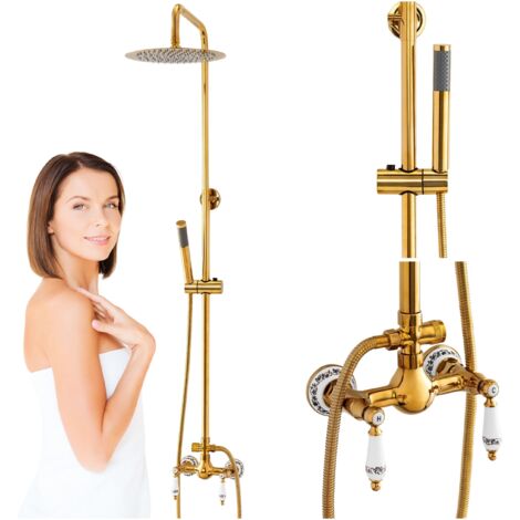 Desconocido – Colonne de douche mécanique rétro – Mitigeur extérieur en laiton – Finition dorée – Système Eco Saving – Pomme haute inclinable