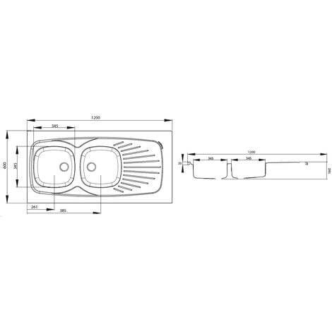 MODERNA Évier à poser Lavelli inox 18/10 lisse 2 cuves 1 égouttoir - 1200x600mm