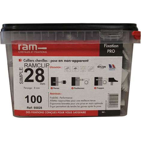 RAM Collier cheville simple gris RAMCLIP pour gaine souple Ø28 - Boîte de 100