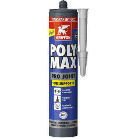 Griffon – Mastic d'étanchéité Premium POLYMAX pro 280ml – Silicone gris transparent pour chantiers humides – Application facile et durable