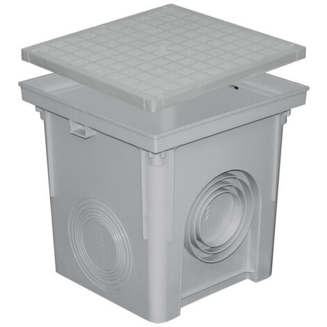 First Plast – Regard de branchement polypropylène 300x300mm – Couvercle inclus – 4 sorties Ø80-100-125-140mm – Décharge à zéro pour eaux pluviales