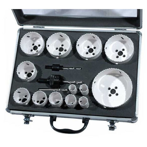 Leman – Coffret de 13 trépans bi-métal Ø16 à 102 mm – 2 mandrins + 3 forets pour acier, aluminium, bois – Coupe nette sans éclat (1/6)