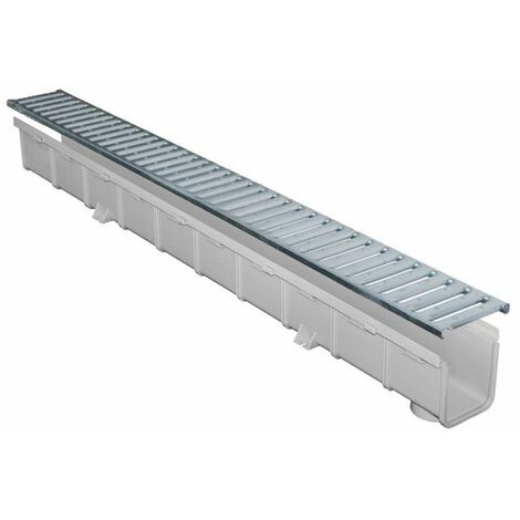 First Plast – Caniveau d'évacuation PVC 1000mm – Grille passerelle en zinc – Section passage eau 237 cm² – Recoupable tous les 10 cm