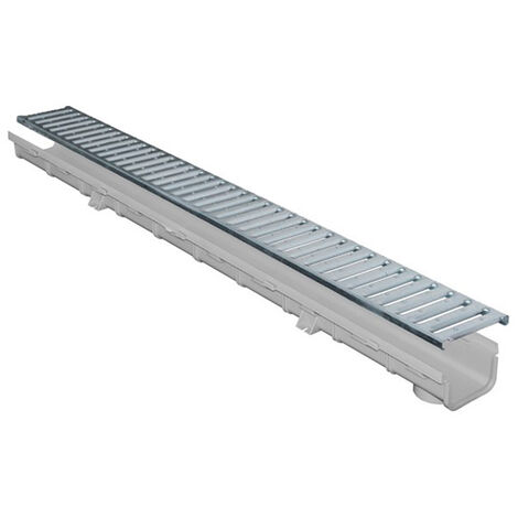 First Plast – Caniveau d'évacuation PVC 100mm – Grille passerelle zinc A15 – Longueur 1000mm – Profondeur 55mm – Sortie Ø40-63mm