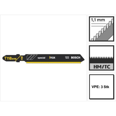Lames de scie sauteuse pour INOX, coupe droite fine, Réf. Bosch : T 118 AHM, Qualité de lame de scie Carbure, Long. totale 83 mm, Pas de dents : 1,1 mm