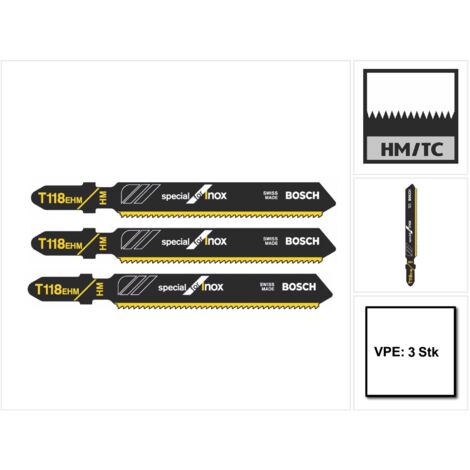 Lames de scie sauteuse pour INOX, coupe droite fine, Réf. Bosch : T 118 EHM, Qualité de lame de scie Carbure, Long. totale 83 mm, Pas de dents : 1,4 mm