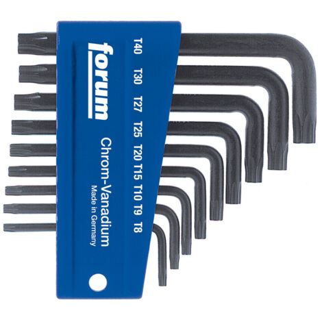Jeu de clés coudées TORX®, 9 pièces, dans support en plastique, Contenu : T 8 T 9 T 10 T 15 T 20 T 25 T 27 T 30 T 40 (1/2)