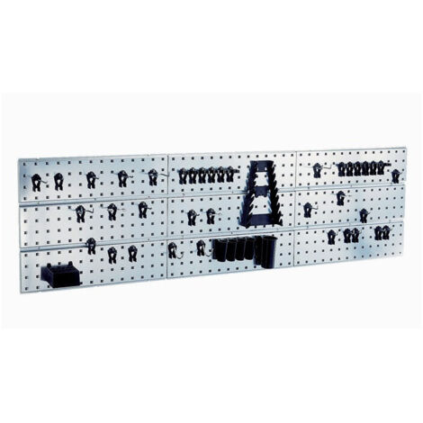 Jeu de crochets à outils avec panneaux perforés Panneau mural à outils x 3 + 44 clips 3 panneaux perforés avec 44 crochets à outils assortis L.1560xH.440mm RAACO (1/4)