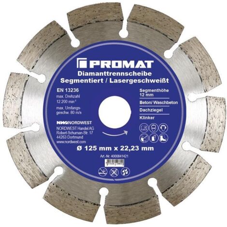 Disque à tronçonner diamant D. 115 mm perçage 22, 23 mm soudé au laser 12 mm PROMAT