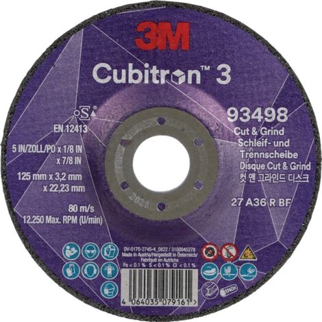 Disque abrasif Cubitron™ 3 Cut and Grind D125xS3,2mm grain 36+ serti Cubitron™ 6 (Par 10) (1/2)