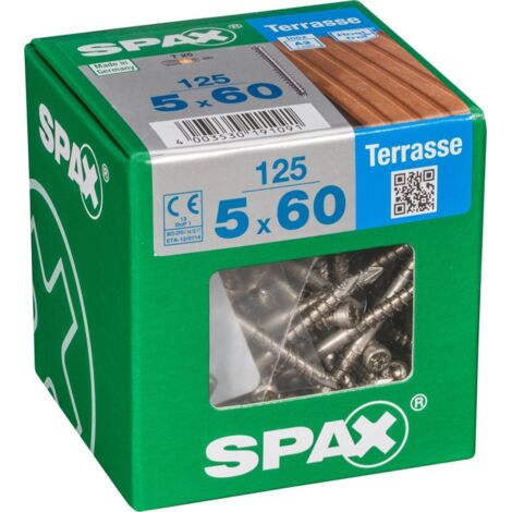 Spax Vis de terrasse, 5 x 60 mm, 125 unités, Filetage de fixation, Tête cylindrique, T-STAR plus T25, Pointe CUT, Acier inoxydable inoxydable A2 - 4507000500606