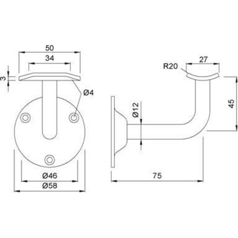 KWS 4524 Support de main courante argent 75 mm Dégagement au mur