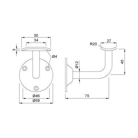KWS 4524 Support de main courante Inox 75 mm Dégagement au mur