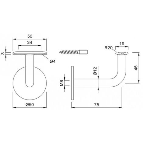 KWS 4570 Support de main courante argent.75 mm Dégagement au mur