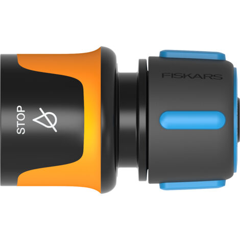 Fiskars Raccord de Tuyau, avec Mécanisme d'Arrêt, Points de contact SoftGrip, Taille universelle, Ø 1,3-1,5 cm (1/2-5/8''), 32 g, Noir/Orange/Bleu, 1027080 (1/4)
