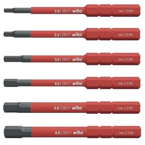 Boite de 6 embouts slim six pans isolés 1000V – Acier chromium vanadium – Pour travaux électriques – Compatibles tournevis Wiha