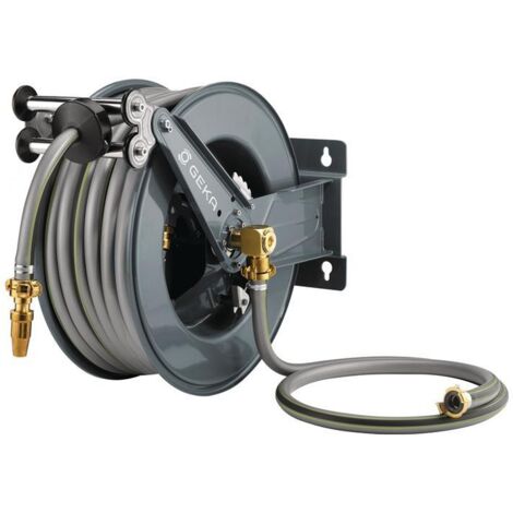 Enrouleur tuyau arrosage 30m – Automatique avec retour à ressort – Acier inoxydable – Sortie G 1″ AG – Montage plafond ou mur – Geka